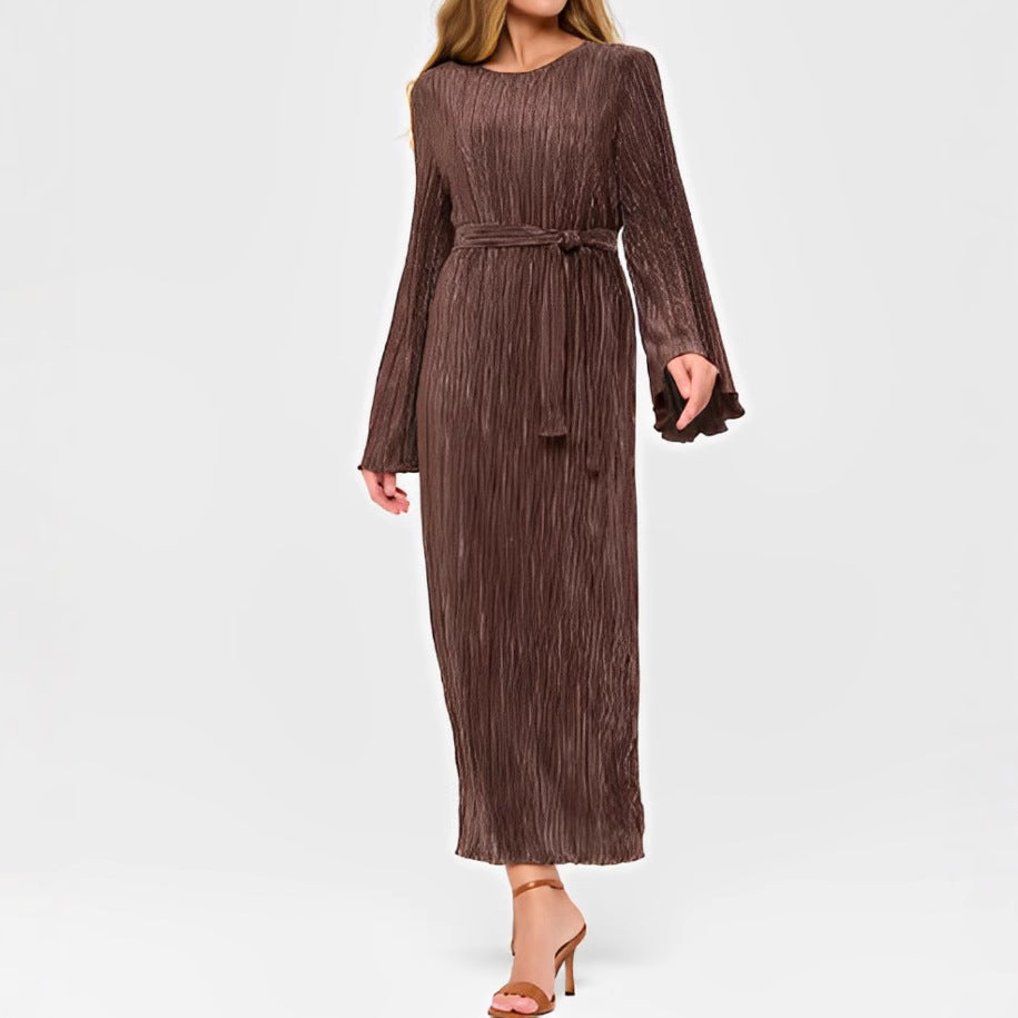 Women's Pleated Bell Sleeve Crew Neck Casual Holiday Idle Dress