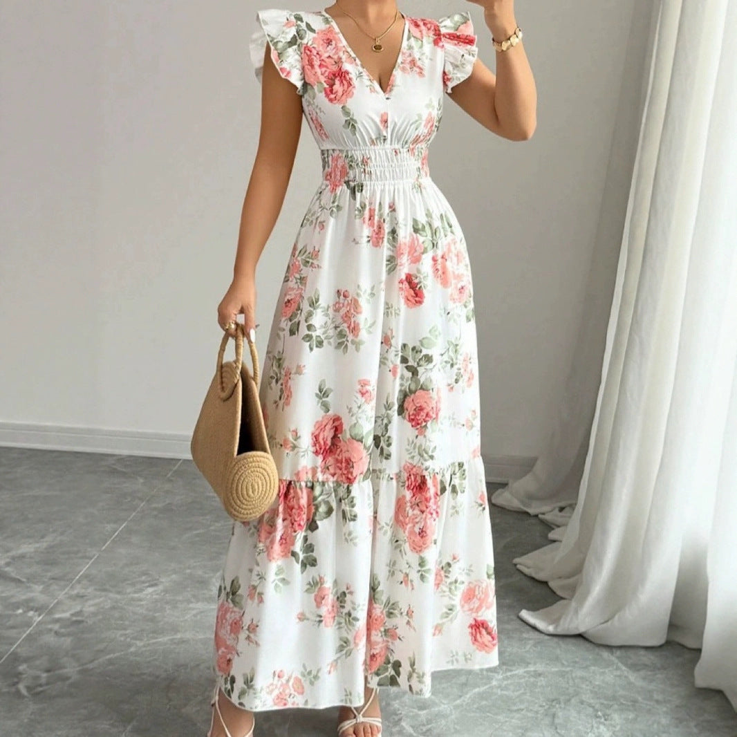 Women's Sleeveless Sleeve Elegant Graceful Printed Ruffle Plant Dress