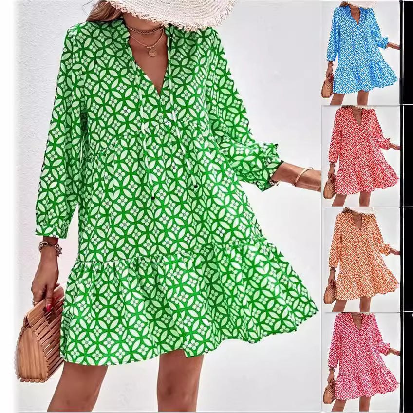Fresh Printed Temperament Niche Floral Three-quarter Sleeve Dress