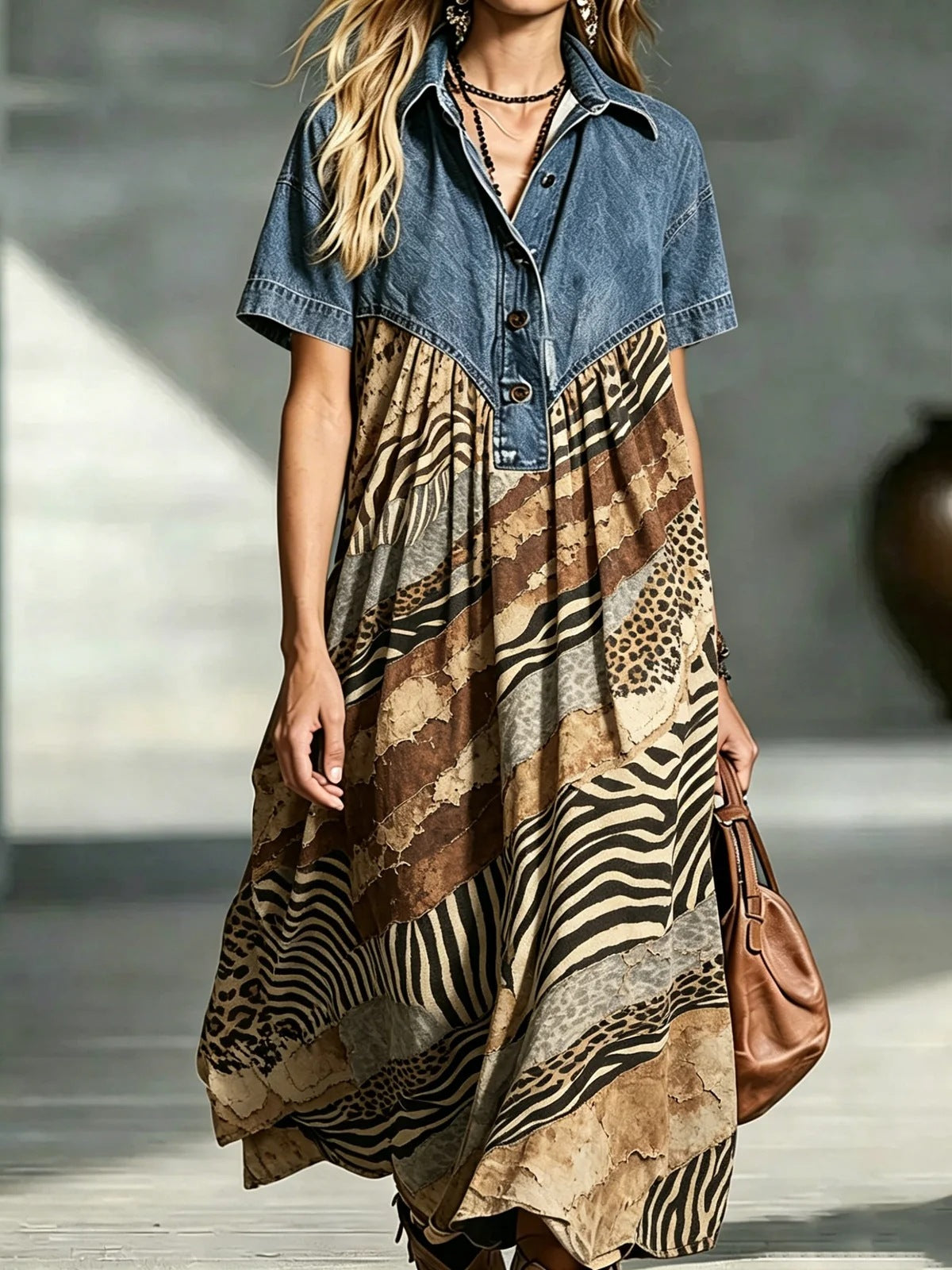 Women's Casual Fashion Denim Stitching Loose Retro Dress