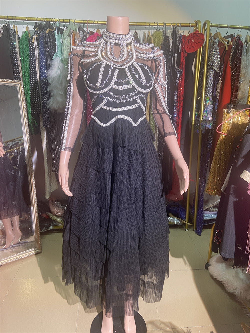 Beaded Mesh Long Sleeve Diamond Slim Dresses