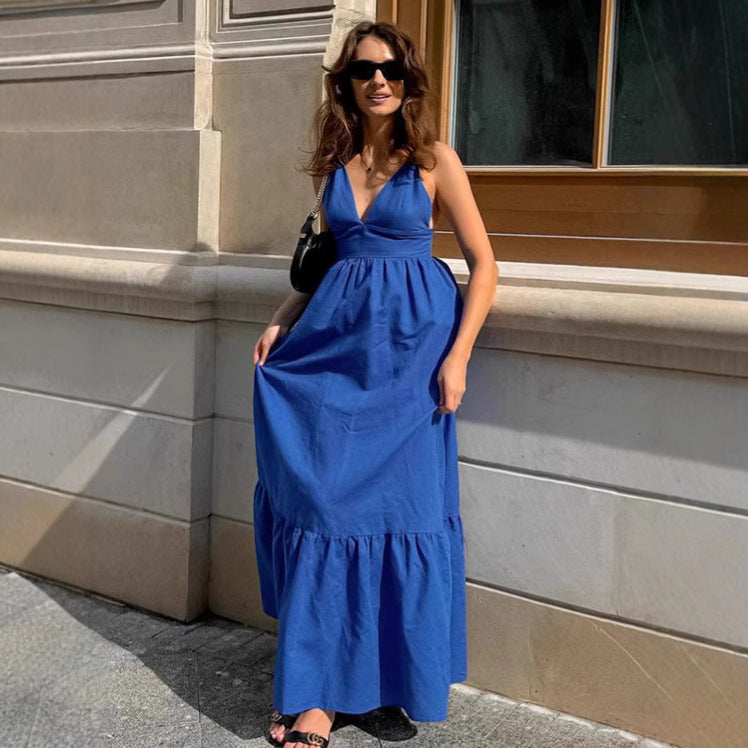 Women's Blue Suspender Summer Loose Casual Cotton Linen Dresses