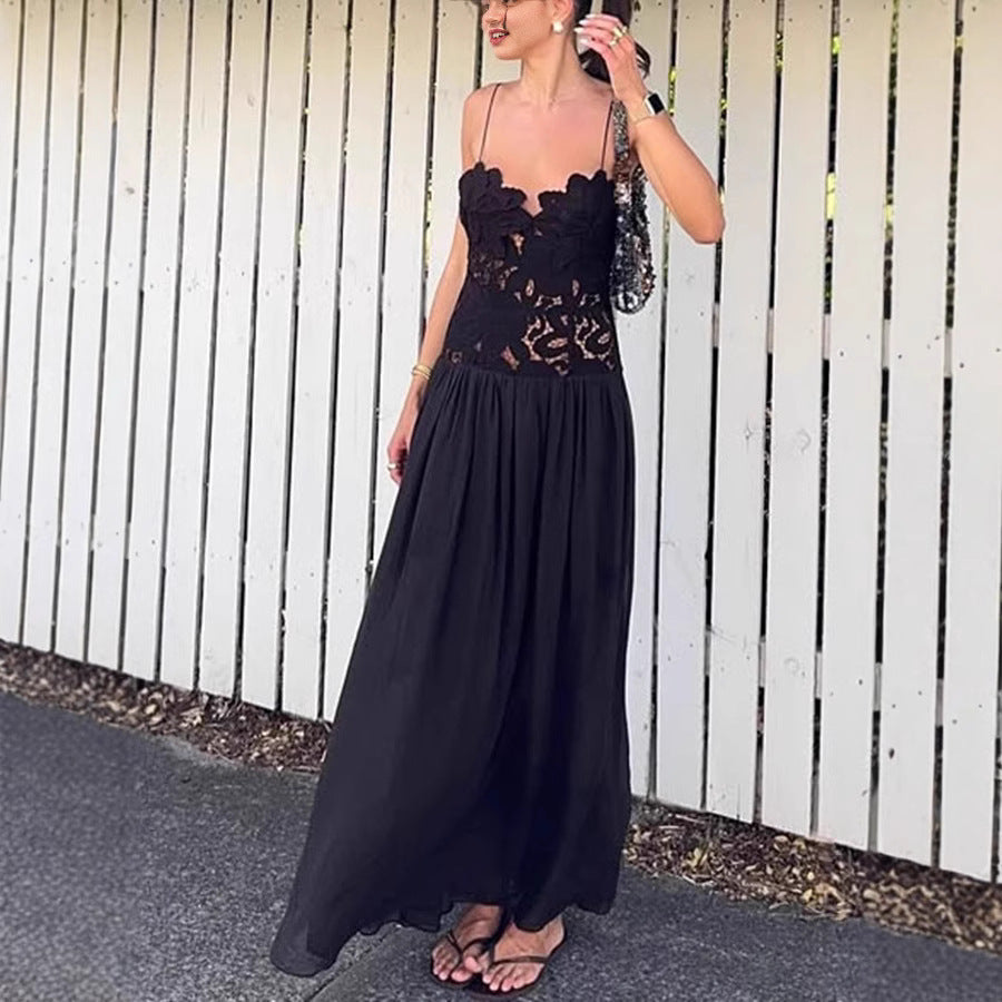 Women's Solid Color Stitching Lace Embroidery Dress Dresses
