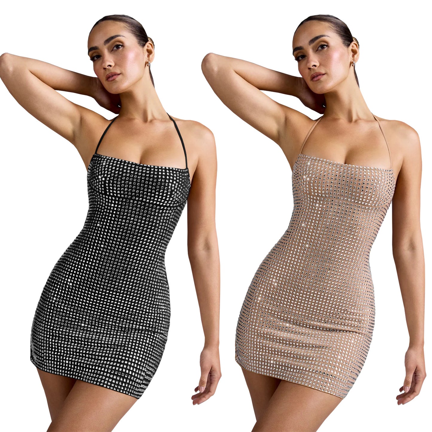 Women's Fashion Wear Sexy Halter Rhinestone Arm Dresses