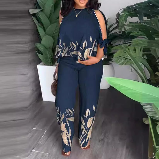 Women's Neck Bead Raglan Sleeve T-shirt Trousers Suits