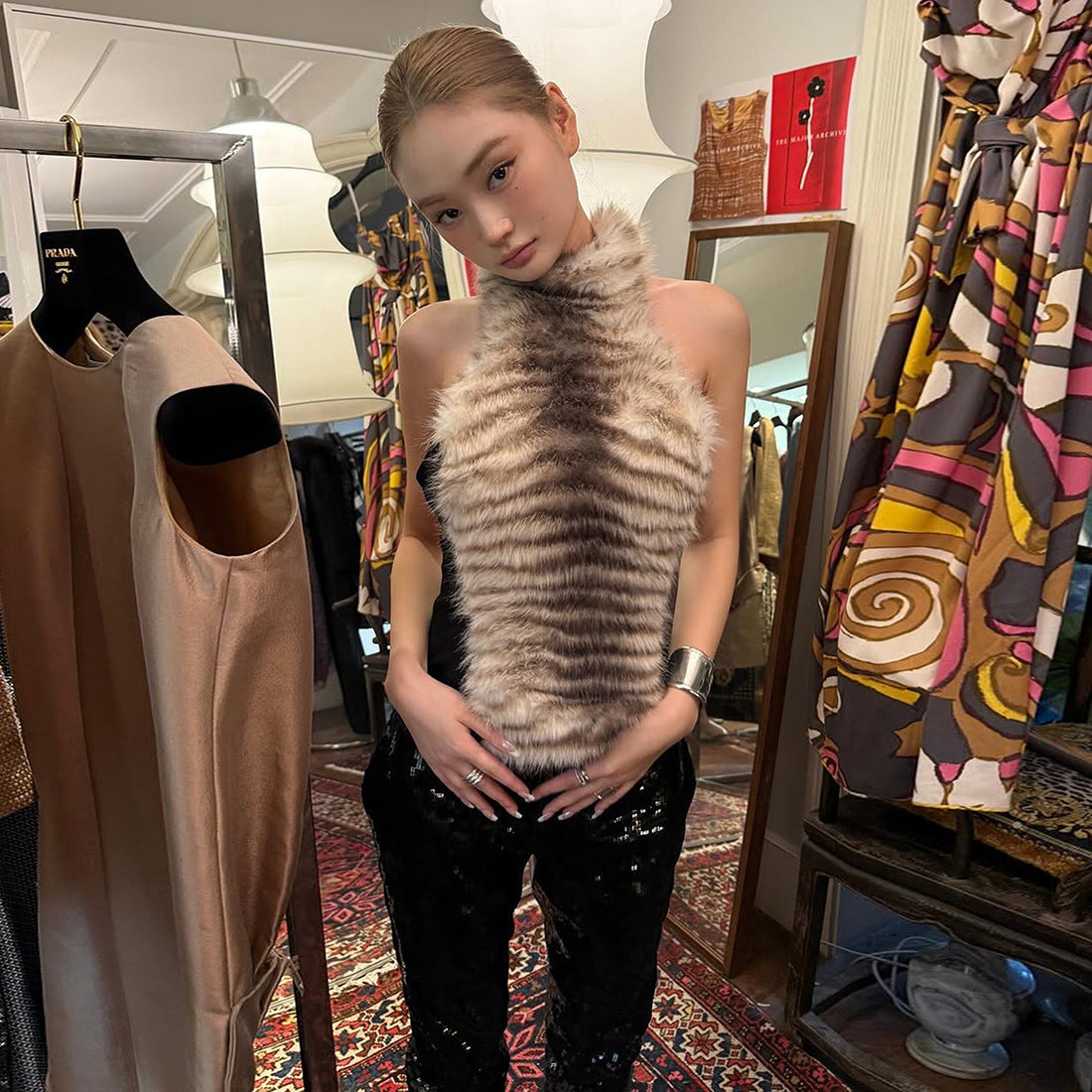 Women's Hot Plush Halter Sexy Patchwork Design Vests