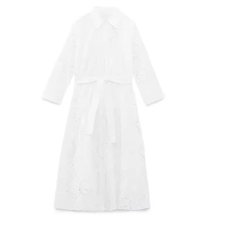 Women's Embroidered Stand Collar Belt Dress Slim Fit Dresses