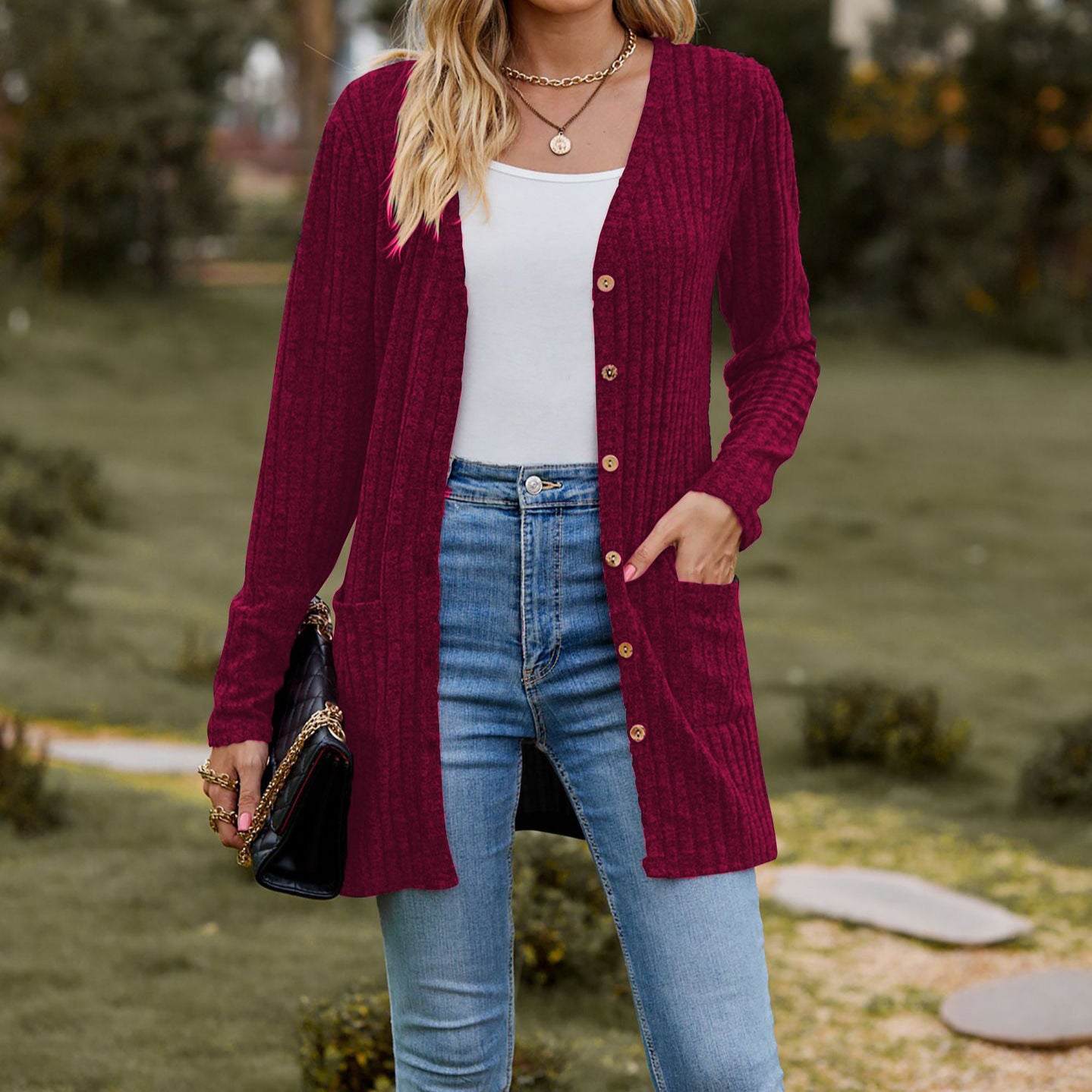 Women's Long Sleeve Knitted Brushed Sunken Stripe Texture Versatile Tops