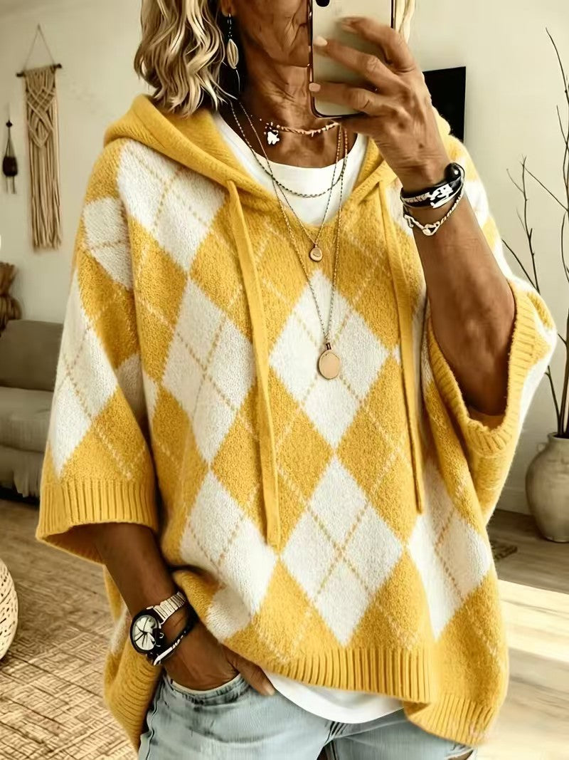 Knitted Plaid Printed Casual Hooded Drawstring Tops