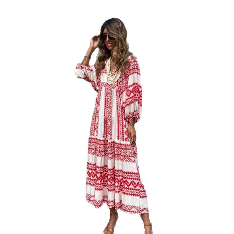 Women's Loose Bohemian Round Neck Lantern Sleeve Dress