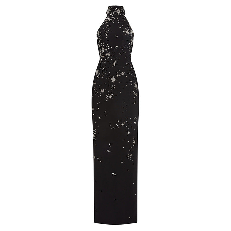 Fashion Three-dimensional Beads Rhinestones Stretch Halter Dress
