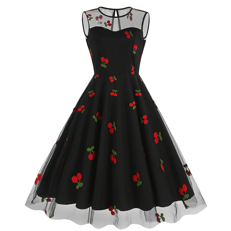 Round Neck Sleeveless Valentine's Day Mesh Embroidered Cherry Dresses