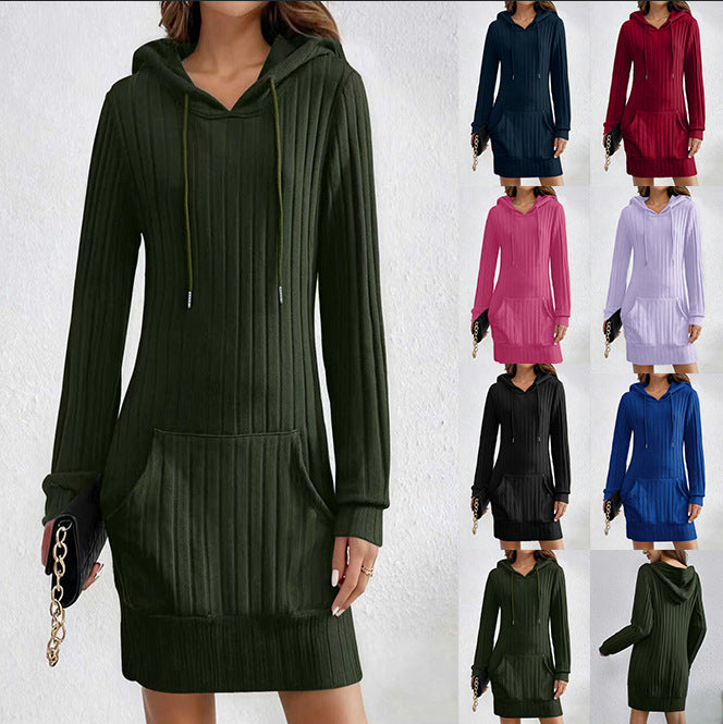 Women's Hooded Sunken Stripe Pocket Long Sleeve Clothing