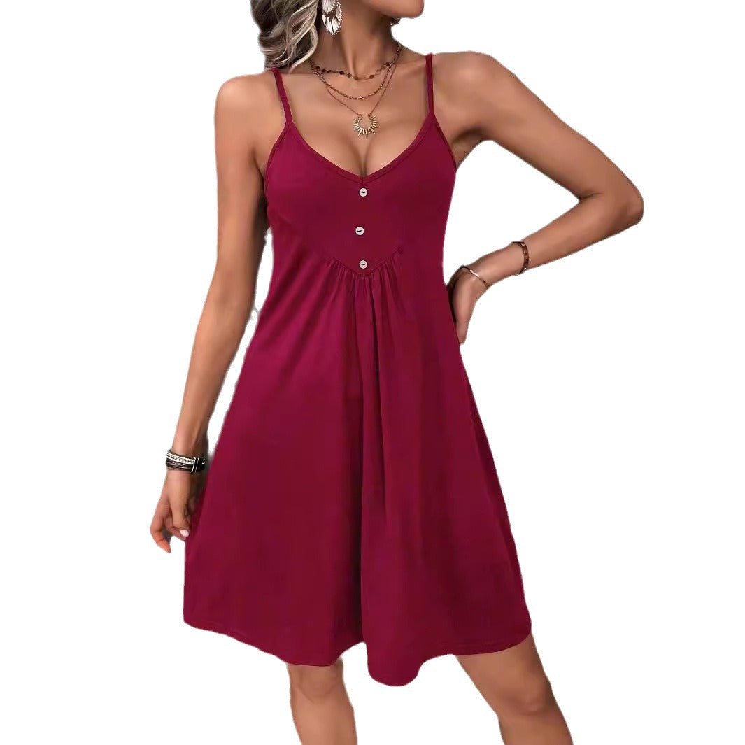 Women's High Waist Sleeveless Button Patchwork Solid Color Skirts