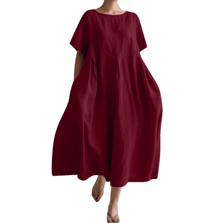 Women's Cotton Linen Loose Round Neck Fashion Dress
