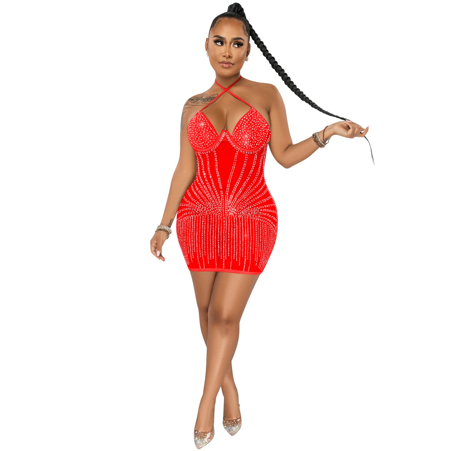 Sexy Spaghetti Straps Chest Wrap Rhinestone Dresses