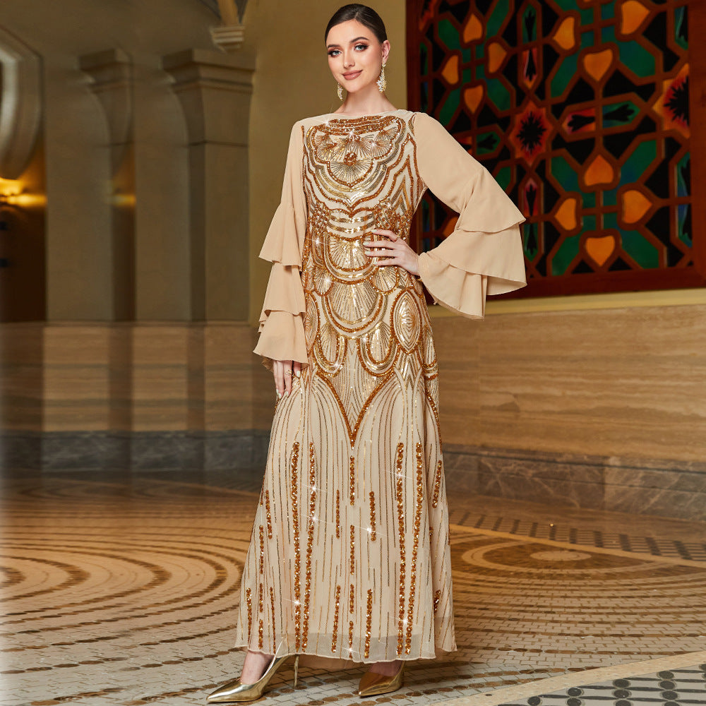 Lotus Leaf Sleeve Positioning Sequined Embroidered Dresses
