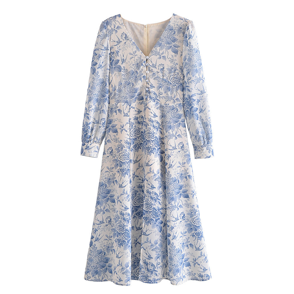 Women's Printed Front Row Buttons Hem Sexy Dresses