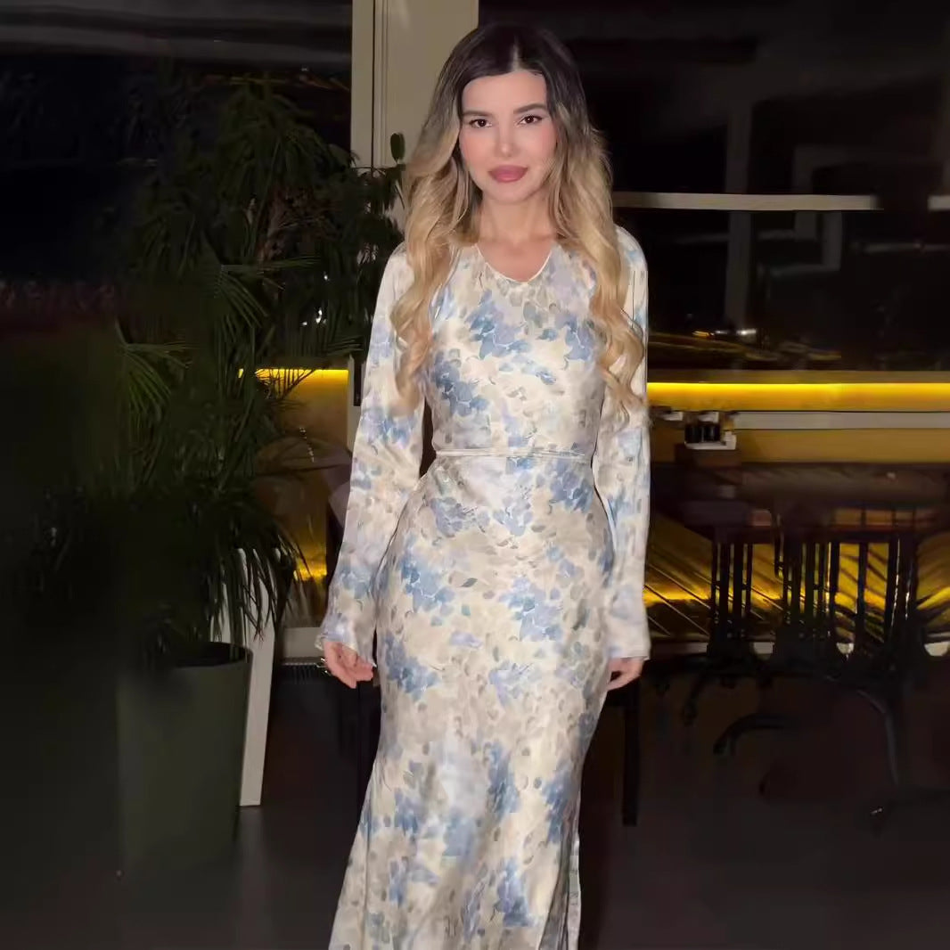 Spring Gentle Satin Printed Lady Style Dresses