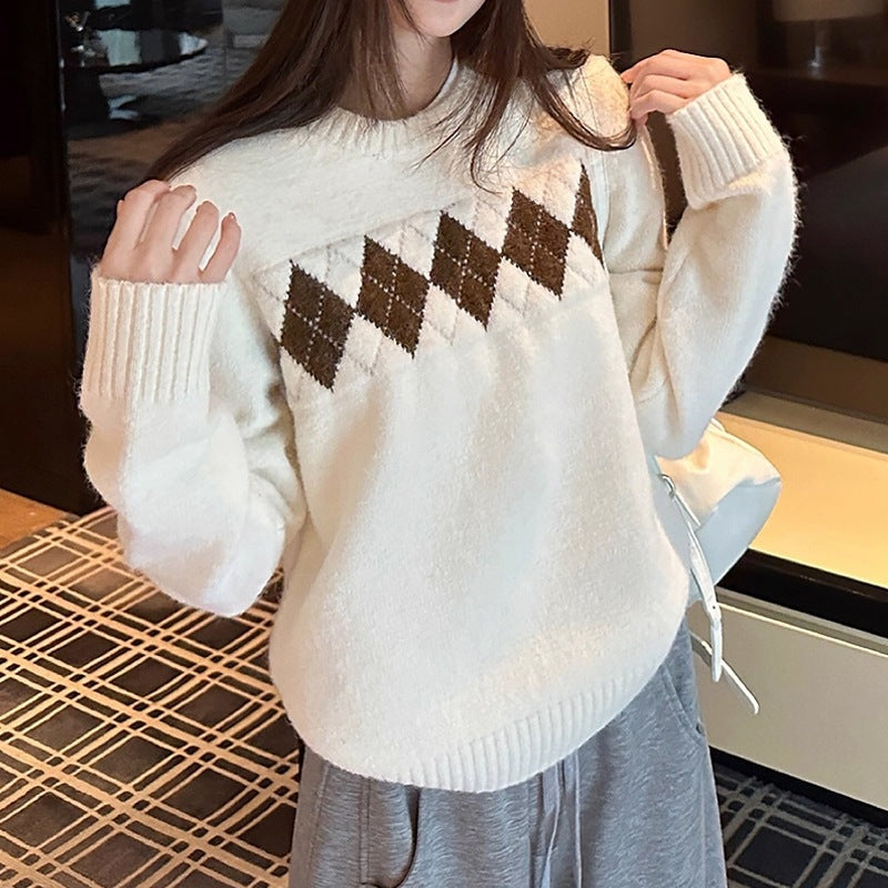 Women's Style Rhombus Jacquard Crew Neck Pullover Casual Women's Sweater