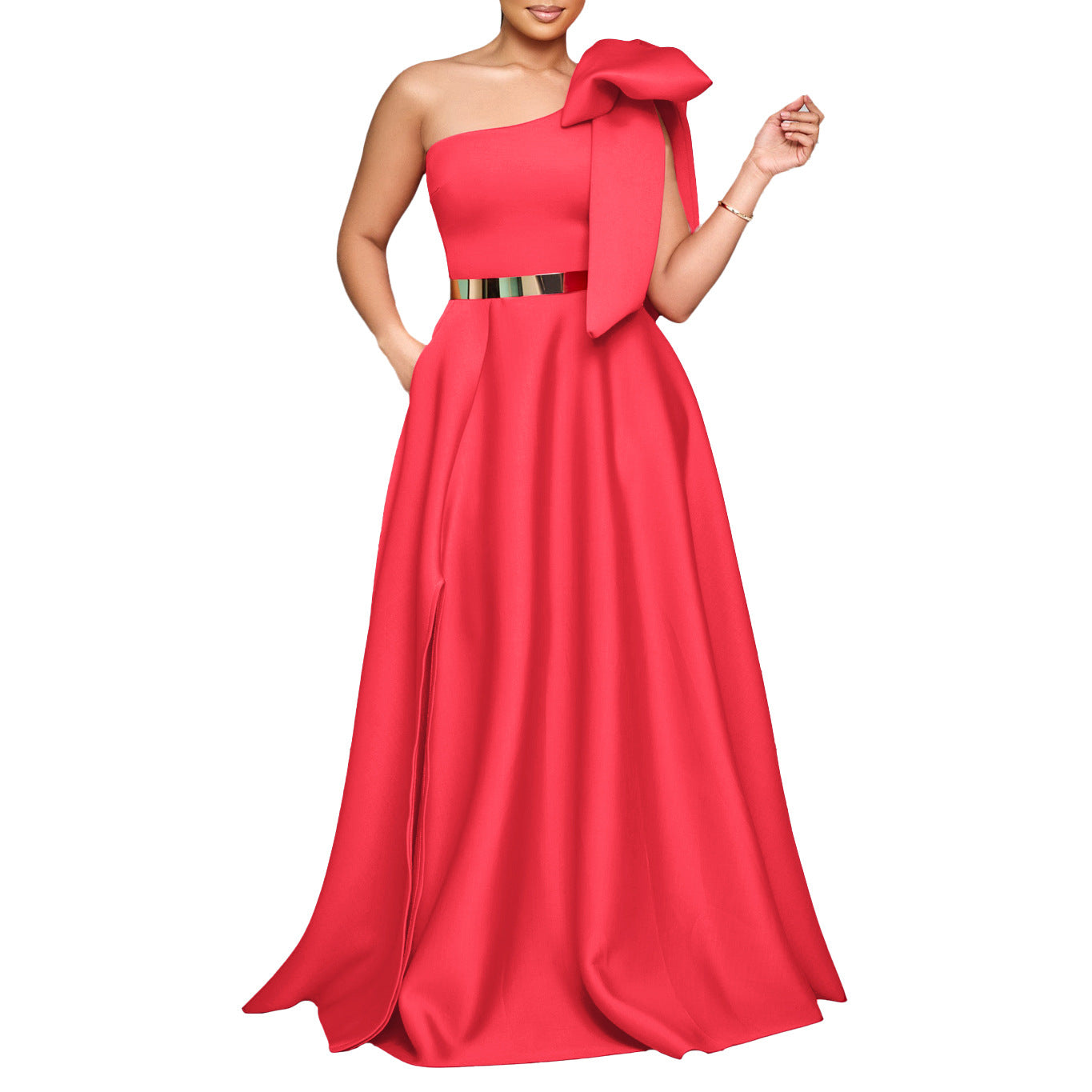 Oblique Shoulder Bow Banquet Formal Long Dress