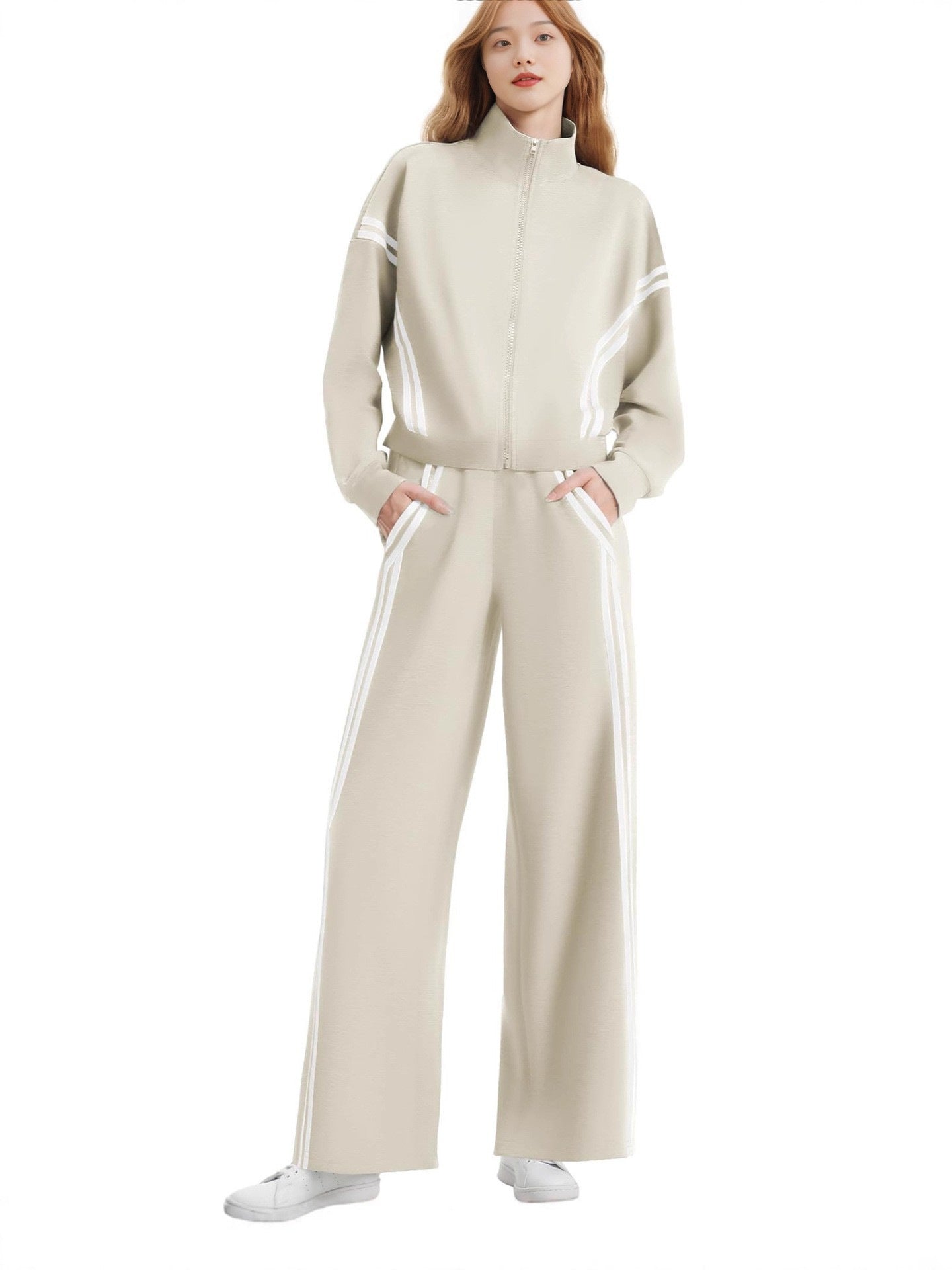 Wear Zipper Sports Contrast Color Striped Wide Leg Jogger Travel Fashion Casual Suit
