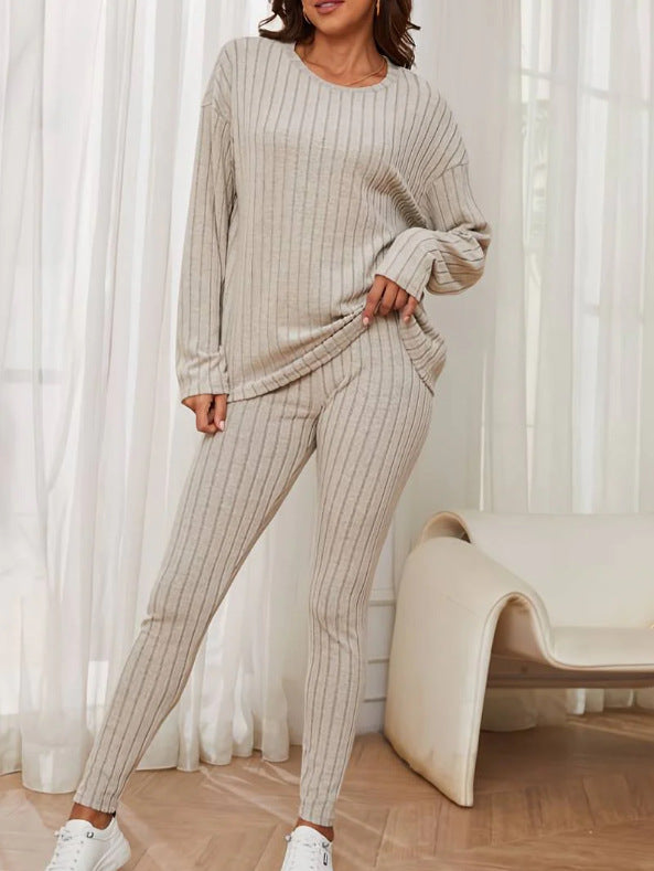 Women's Style Loose Round Neck Sunken Stripe Suits