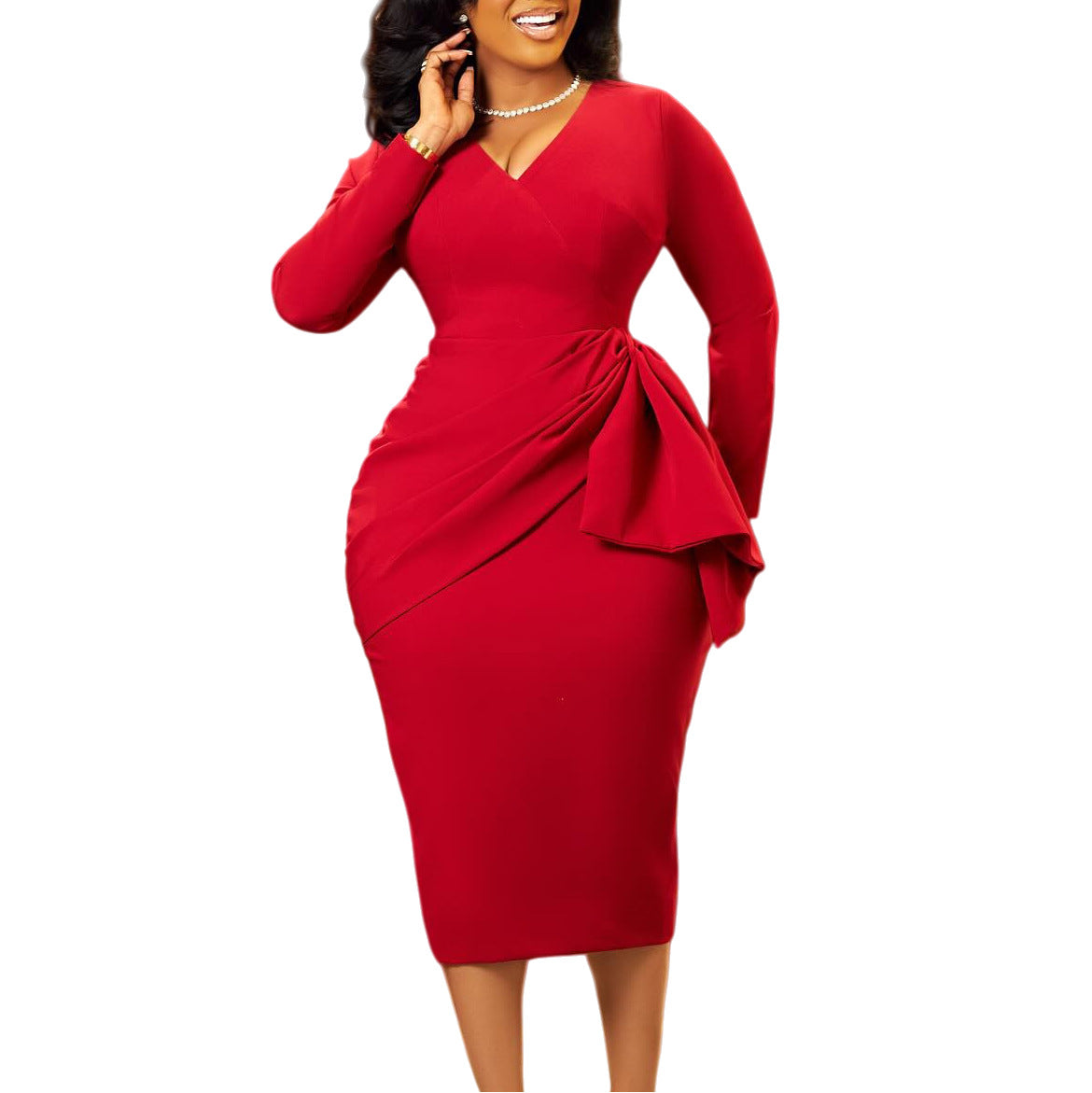 Women's Fashion Long Sleeve Solid Color Ruffle Dress