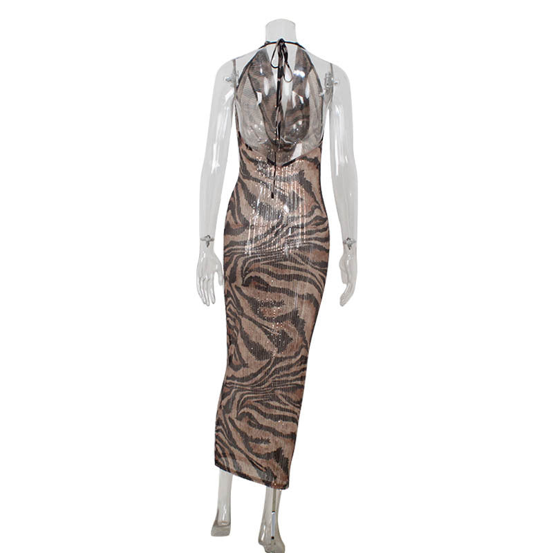Sexy Deep V Sleeveless Printed Sequined Dresses