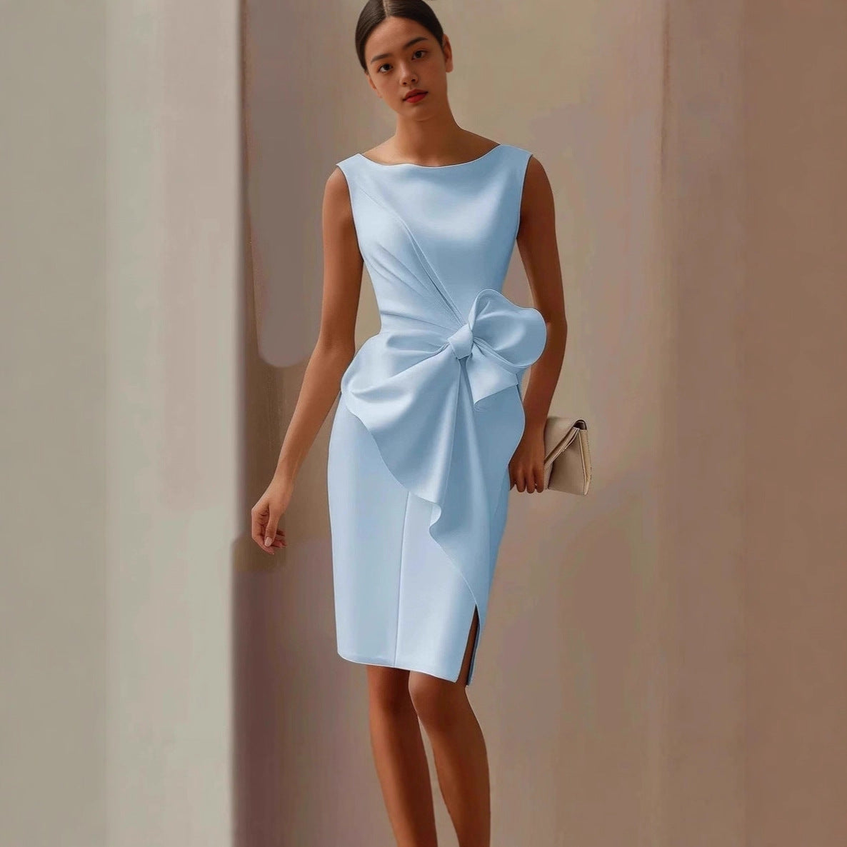 Solid Color Mid-length Sleeveless High Waist Dress