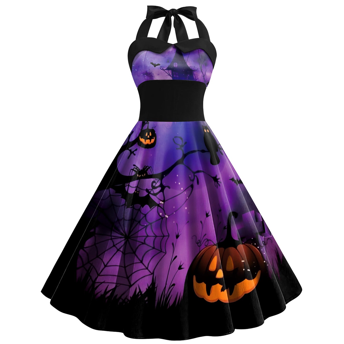 Women's Skull Cobweb Printed Tied Shoulder Strap High-waisted Dress