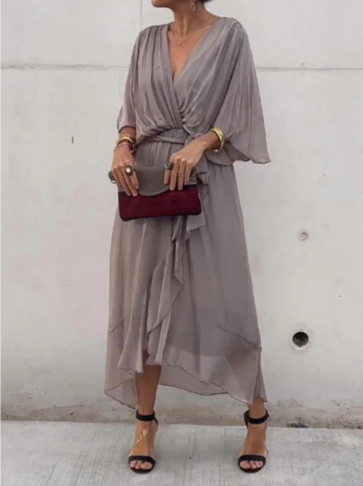 Women's Pure Color Tied Long Batwing Sleeve Dress