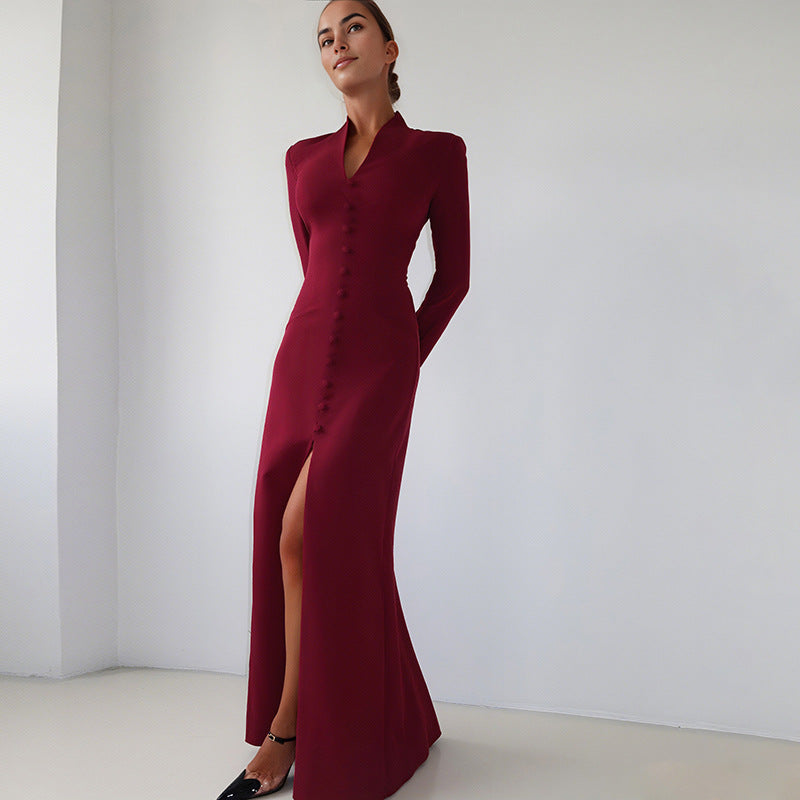Autumn French Style Temperament Solid Color High Waist Dresses
