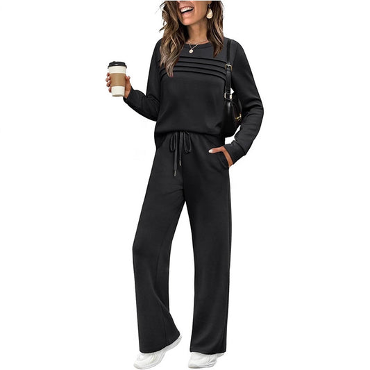 Women's Autumn Long Sleeve Round Neck Elastic Waist Trousers Fashion Casual Suit
