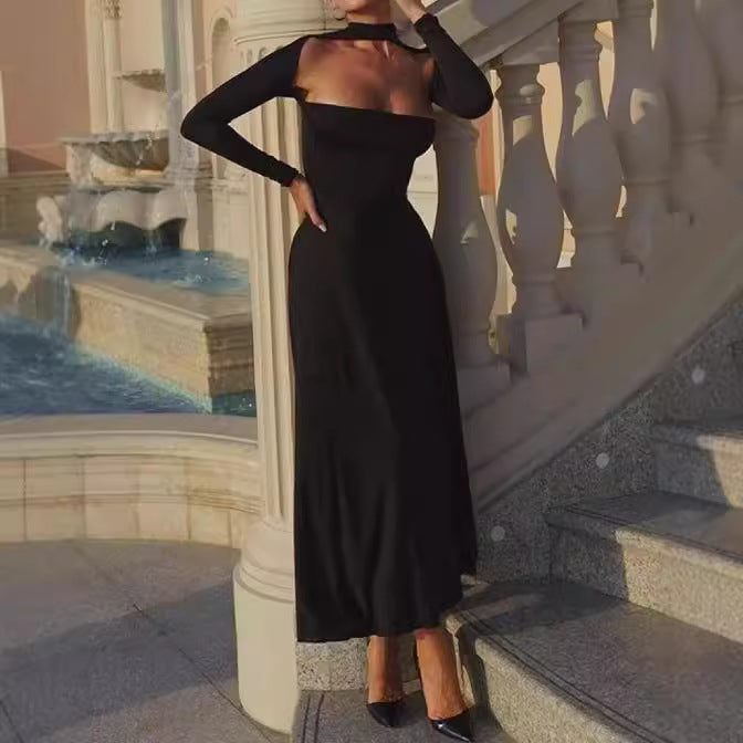 Solid Color Round Neck Sexy Slim Dresses