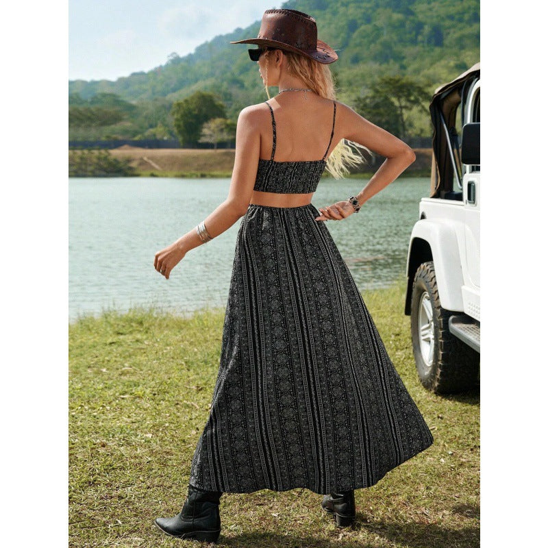 Printed Sexy Backless Sleeveless Split Vacation Dress