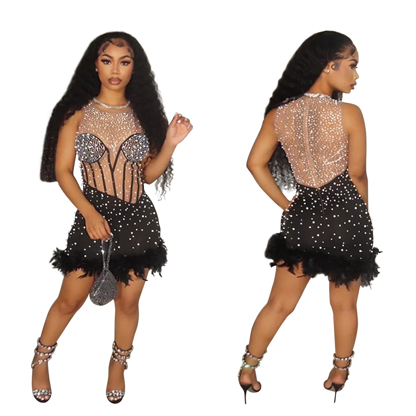 Women's Fashion Wear Solid Color Rhinestone Sleeveless Dresses