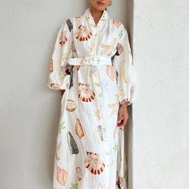 Long Casual Lantern Sleeve Fashion Printing Dress