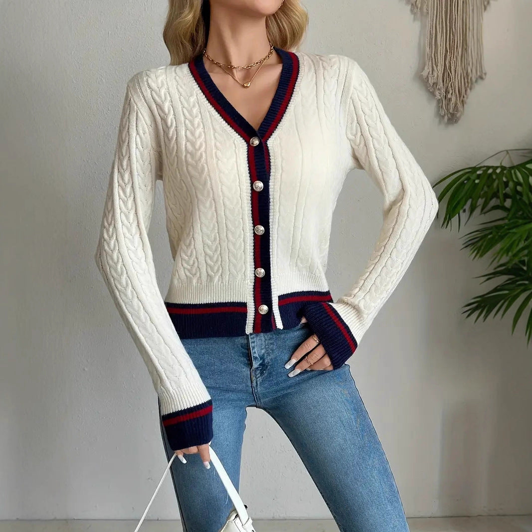 Women's Contrast Color Preppy Style Button Knitted Women's Sweater