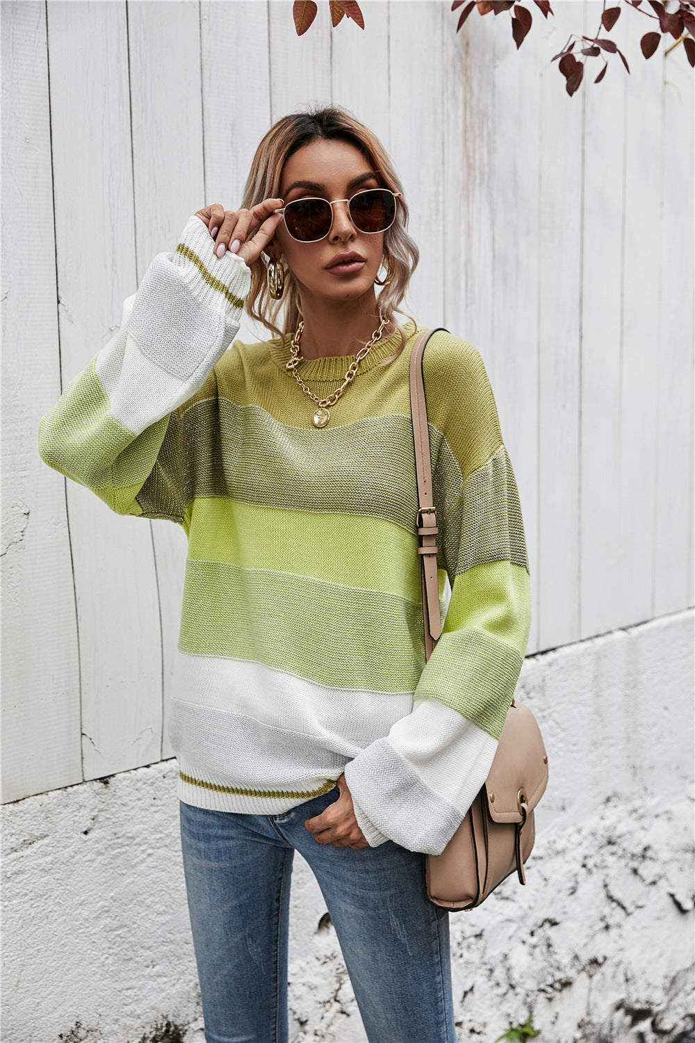 Women's Patchwork Round Neck Fashion Personalized Striped Women's Sweater