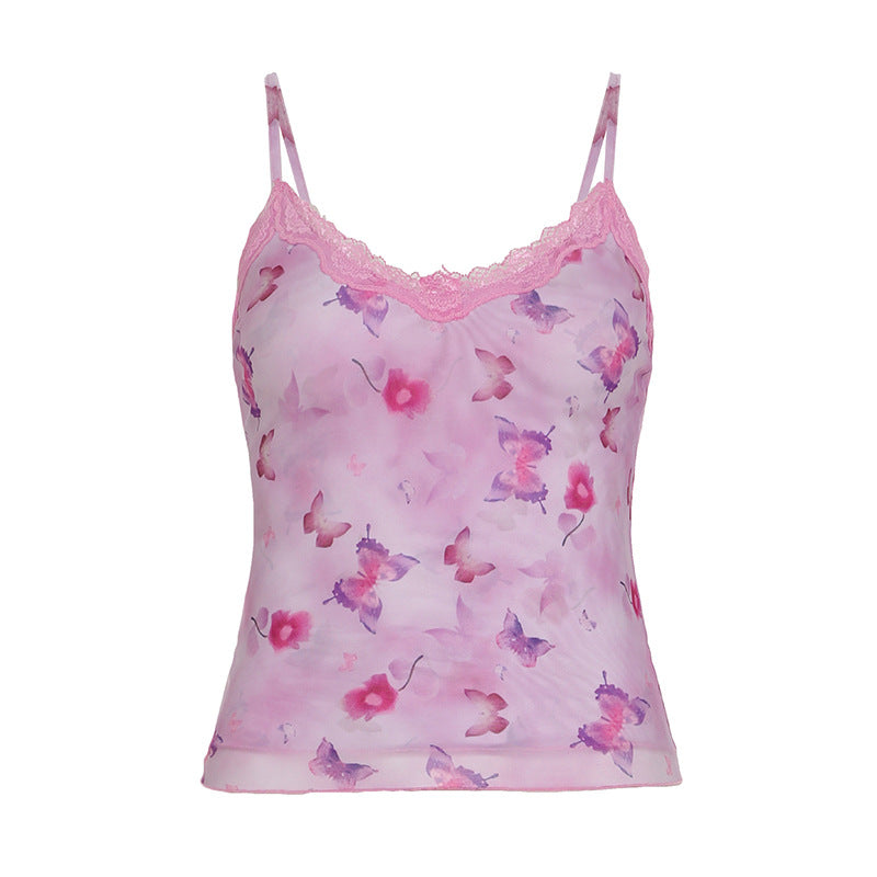 Print Lace Mesh Hot Sexy Backless Slim Tops