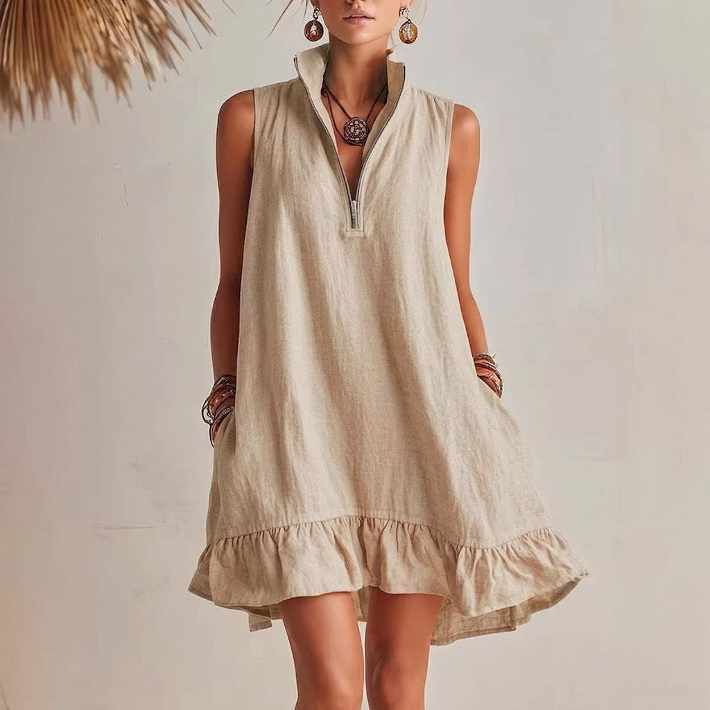 Women's Casual Loose Lotus Leaf Half Zip Dress
