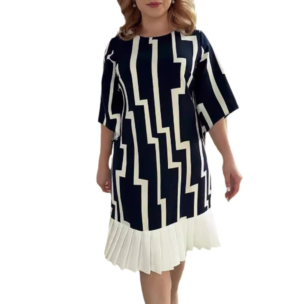 Women's Fashion Striped Stitching Pleated Round Neck Dress
