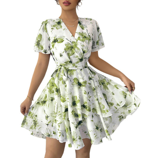 Women's Casual Holiday Floral Print Sleeve Cake Skirts