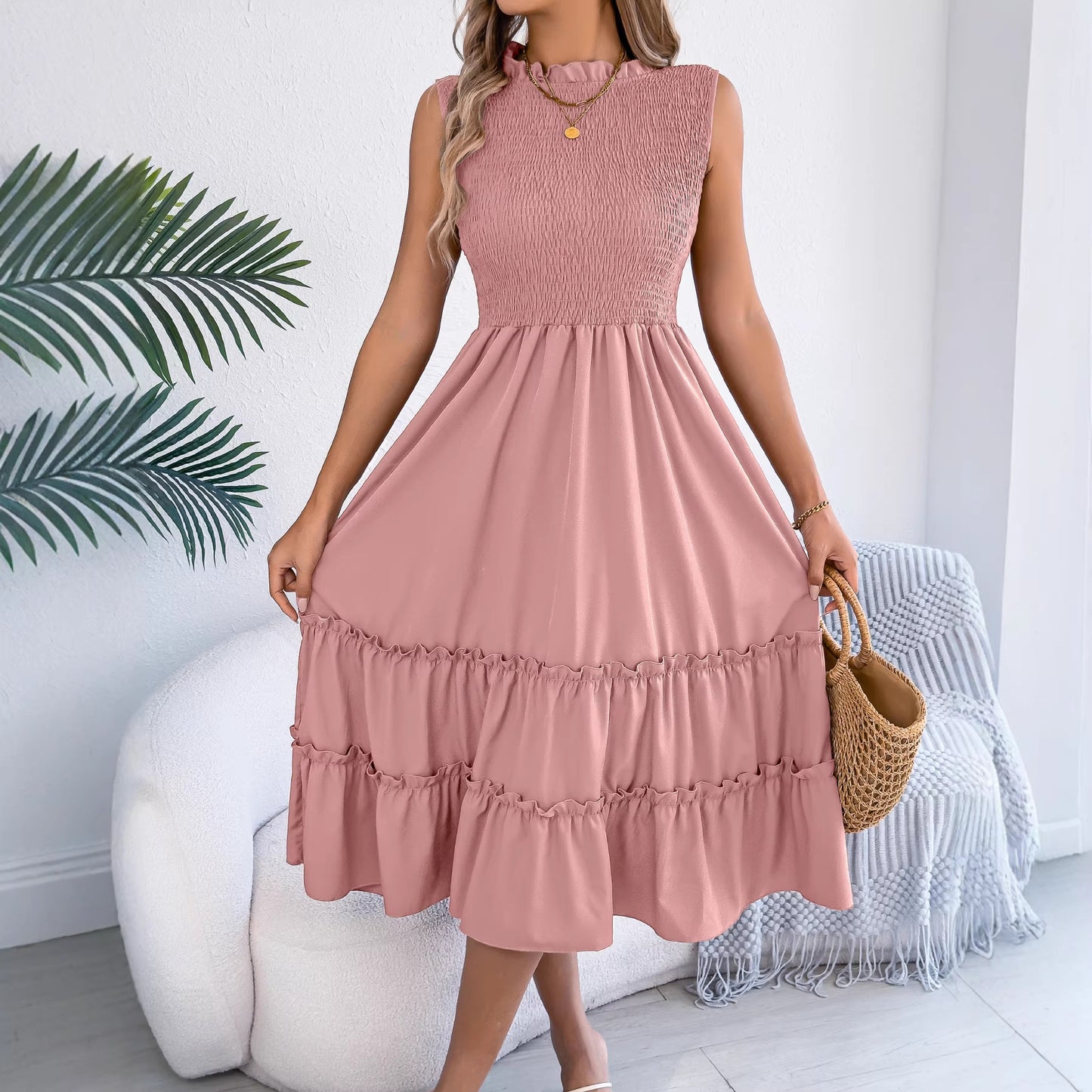 Women's Casual Sleeveless Smocking Wooden Ear Large Clothing