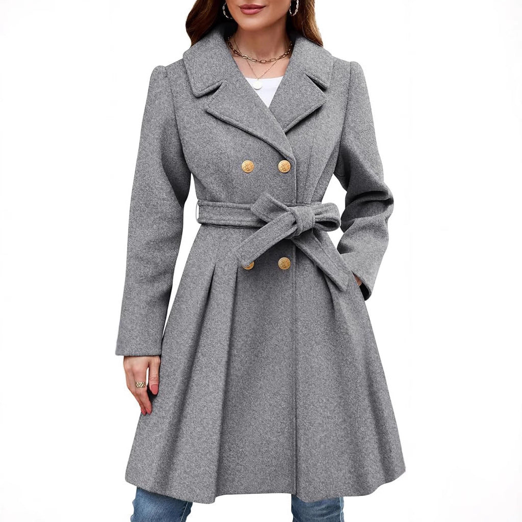 Women's Slim Double-breasted Notched Lapel Woolen With Coats