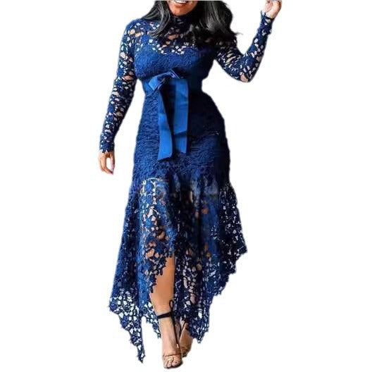 Women's Lace Hollow Out Long Sleeve Stand-up Collar Tie Dresses