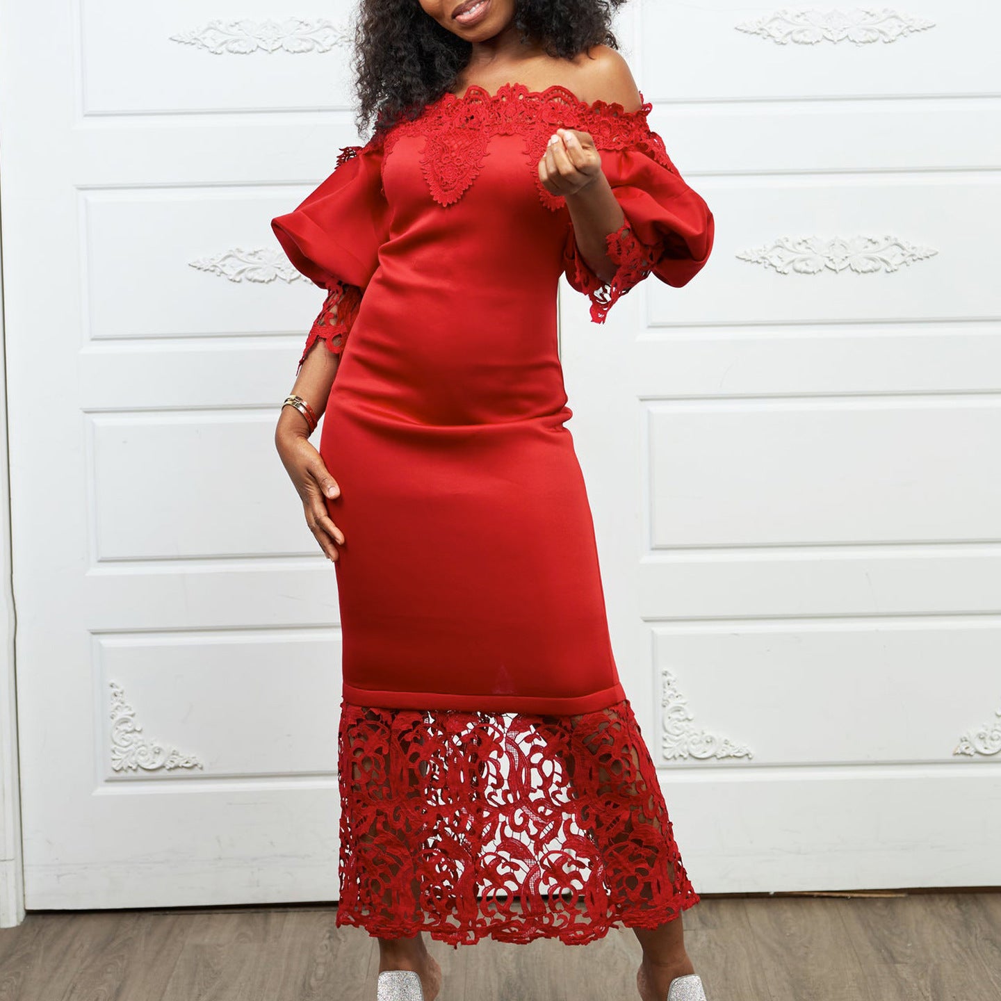 Women's Lace Stitching Banquet Dress Lantern Sleeve Dresses