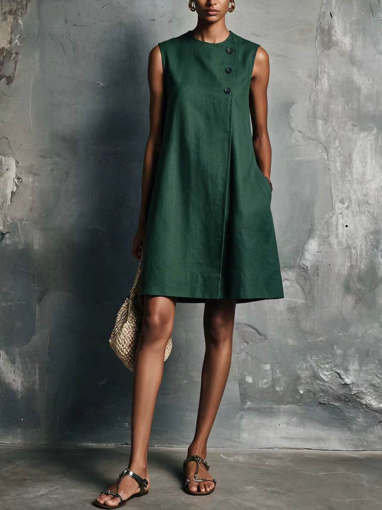 Women's Blended Round Neck Asymmetric Button Side Dress