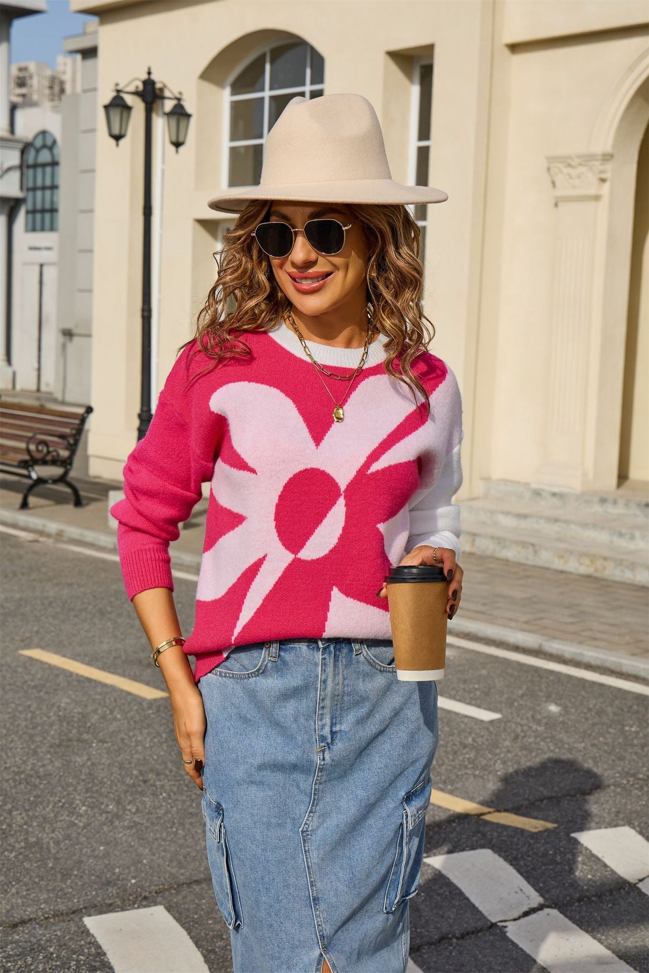 Women's Large Long Sleeve Flower Stitching Fashion Sweaters